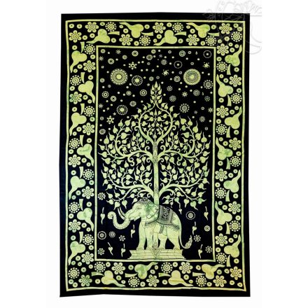 Életfa és elefánt ágytakaró, falidísz - sárga-fekete, 130x200 cm