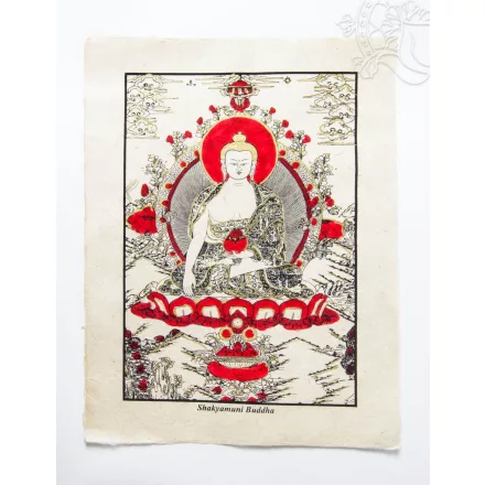 Shakyamuni Buddha mártott papír (LOKTA) falikép piros díszítéssel - 38 x 50 cm