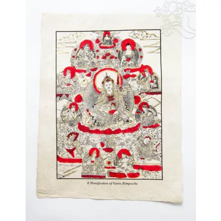 Guru Rinpoche mártott papír (LOKTA) falikép piros díszítéssel - 38 x 50