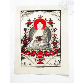   Gyógyító Buddha mártott papír (LOKTA) falikép piros díszítéssel - 38 x50 cm