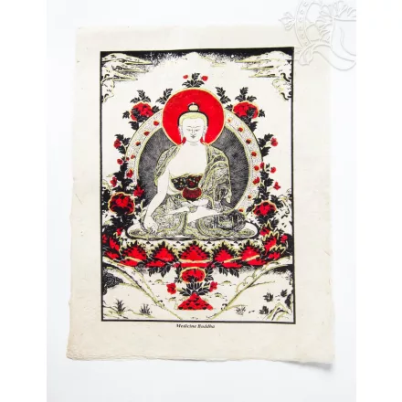 Gyógyító Buddha mártott papír (LOKTA) falikép piros díszítéssel - 38 x50 cm