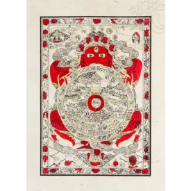   Létkerék mártott papír (LOKTA) falikép piros díszítéssel - 38 x 50 cm