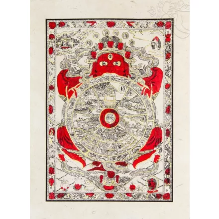 Létkerék mártott papír (LOKTA) falikép piros díszítéssel - 38 x 50 cm