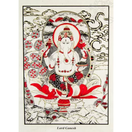 Ganesha mártott papír (LOKTA) falikép- piros díszítéssel - 51 x 76 cm