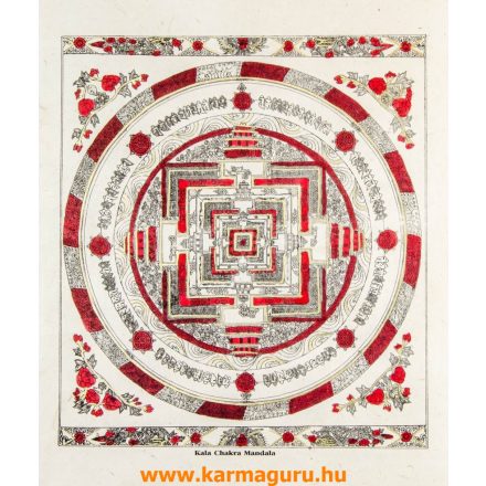 Kalachakra mandala mártott papír (LOKTA) falikép- piros díszítéssel