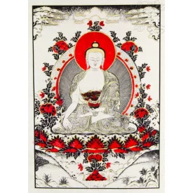   Gyógyító Buddha mártott papír (LOKTA) falikép- piros díszítéssel - 51 x 76 cm