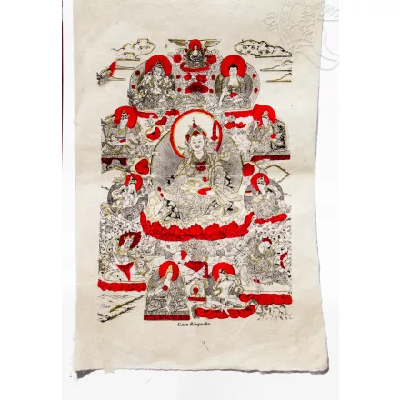 Guru Rinpoche mártott papír (LOKTA) falikép piros díszítéssel - 51 x 76 cm