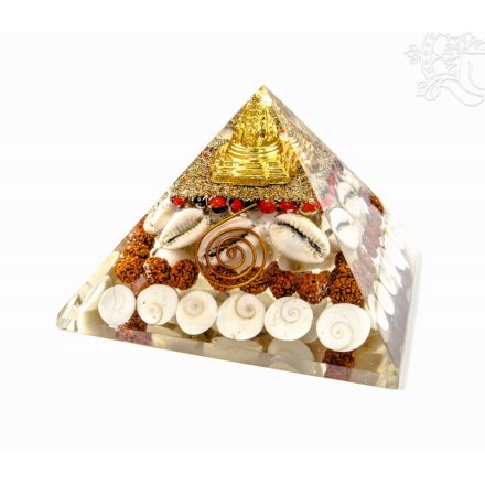 Orgonit energetizáló piramis, Meru csakra (Srí yantra), kagyló, rudraksha