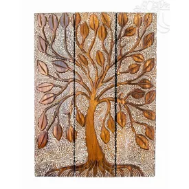   3 részes, életfás, barna színű, fa fali dísz - 45 x 60 cm