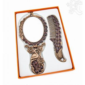  Tükör fésűvel - bronz színű, pávatollas, virágmintás