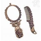 Tükör fésűvel - bronz színű, pávatollas, virágmintás