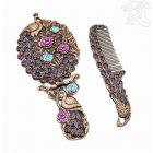 Tükör fésűvel - bronz színű, pávatollas, virágmintás