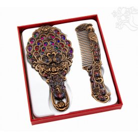   Tükör fésűvel - színes, pávatoll motívummal díszített