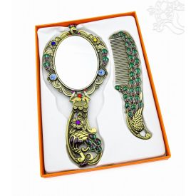 Tükör fésűvel - arany színű virágos, pávás