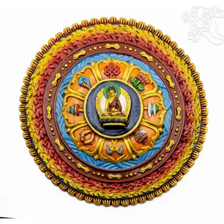 Mandala Shakyamuni Buddha falidísz 8 szerencsejellel – 39,5 cm