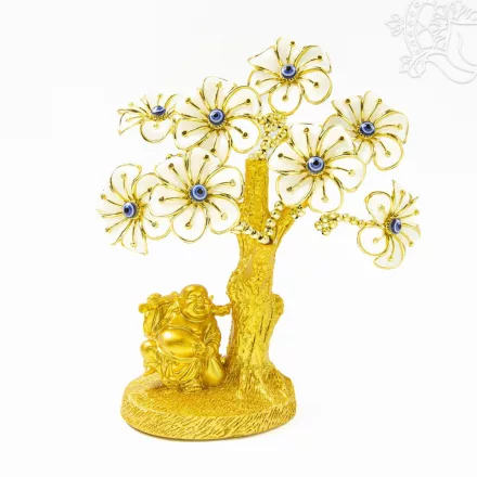 Nevető Buddha szobor virágzó fával - 20 cm