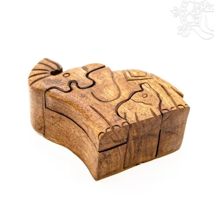 Elefánt kicsinyével fa titokdoboz – 12 cm