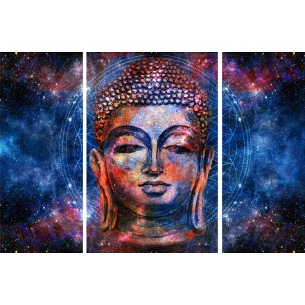 Hatalmas méretű, 127x90-es, három részes, kék Buddha fej vászonkép