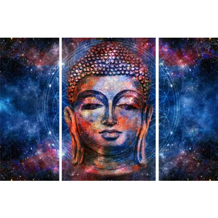 Hatalmas méretű, 127x90-es, három részes, kék Buddha fej vászonkép